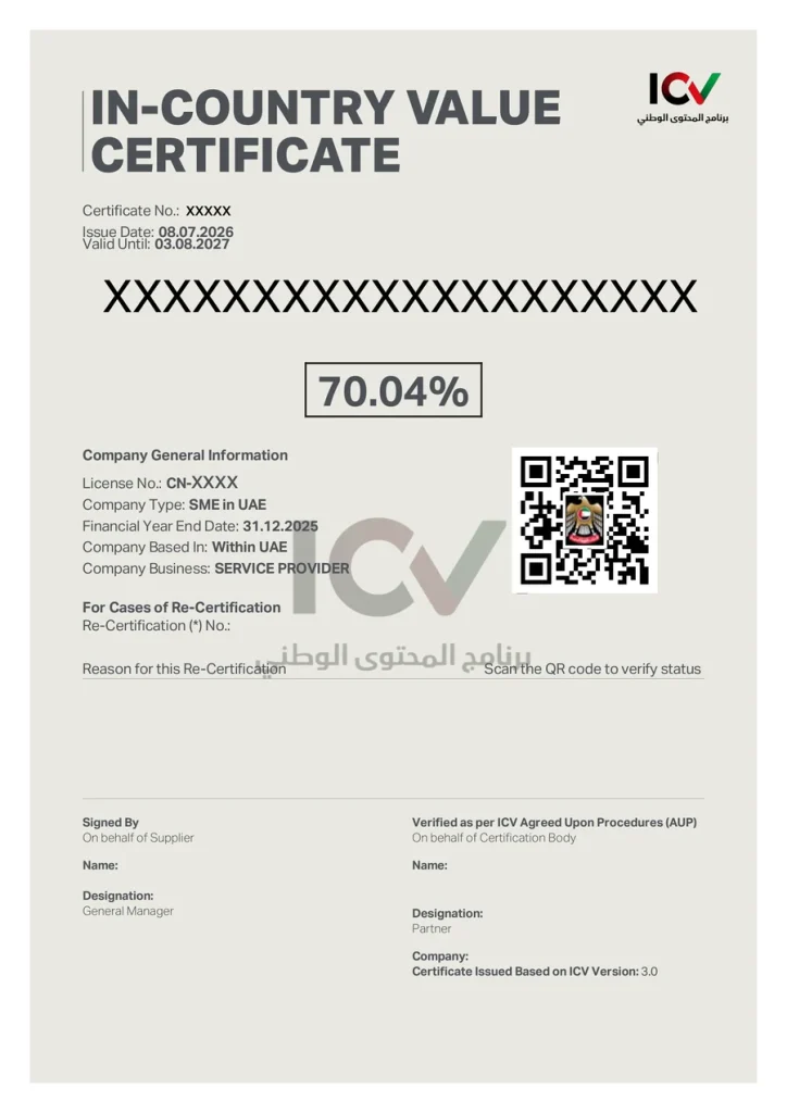 Sample In-Country Value (ICV) certificate issued under ICV version 3.0, showing the ICV score, validity dates, company information and QR verification code