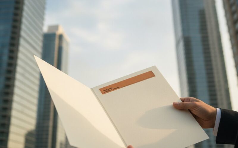 UAE free zone business district with a trade licence folder